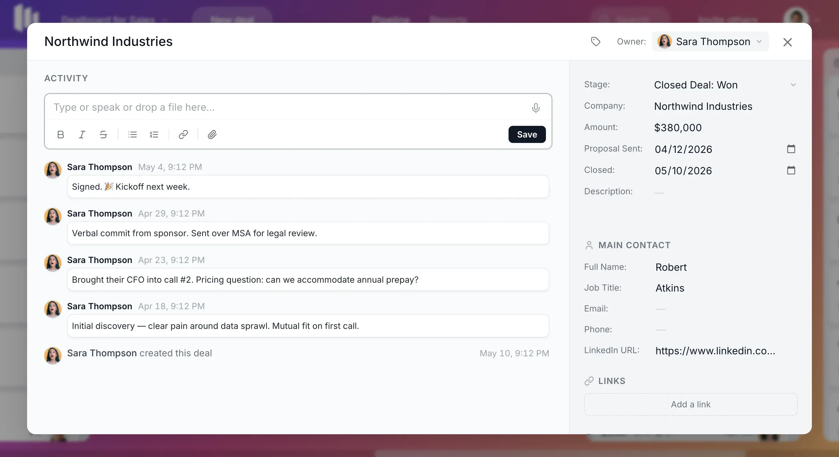 A Dealboard deal — activity, stage, amount, and notes — the same view the extension embeds next to your email
