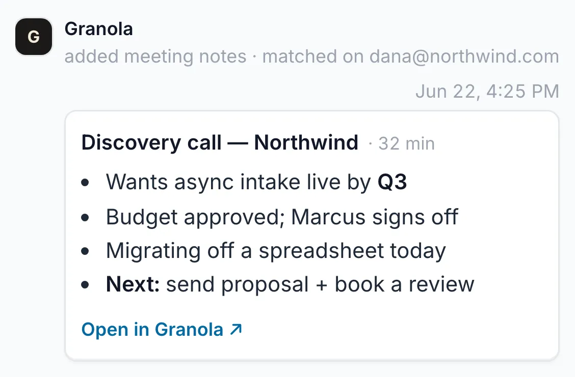 A Granola meeting note automatically attached to a deal in the Dealboard activity feed