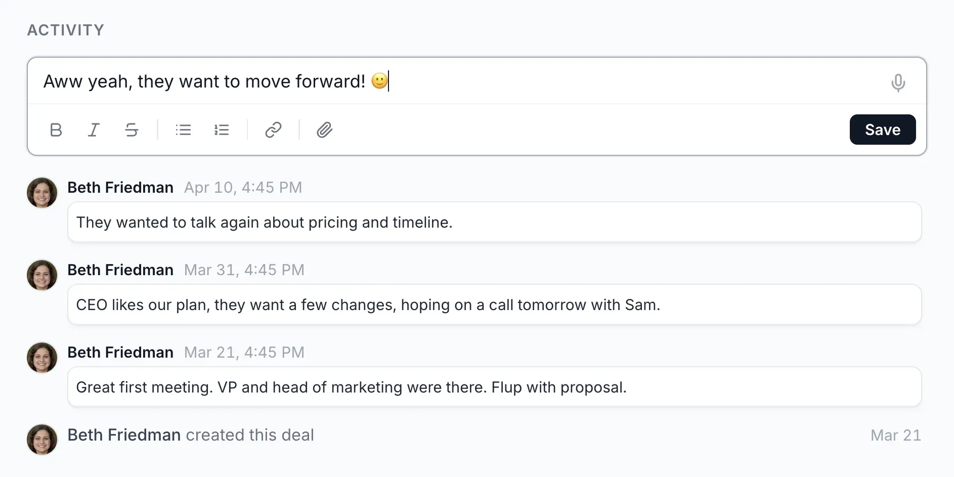 Adding a timestamped note to a deal in Dealboard