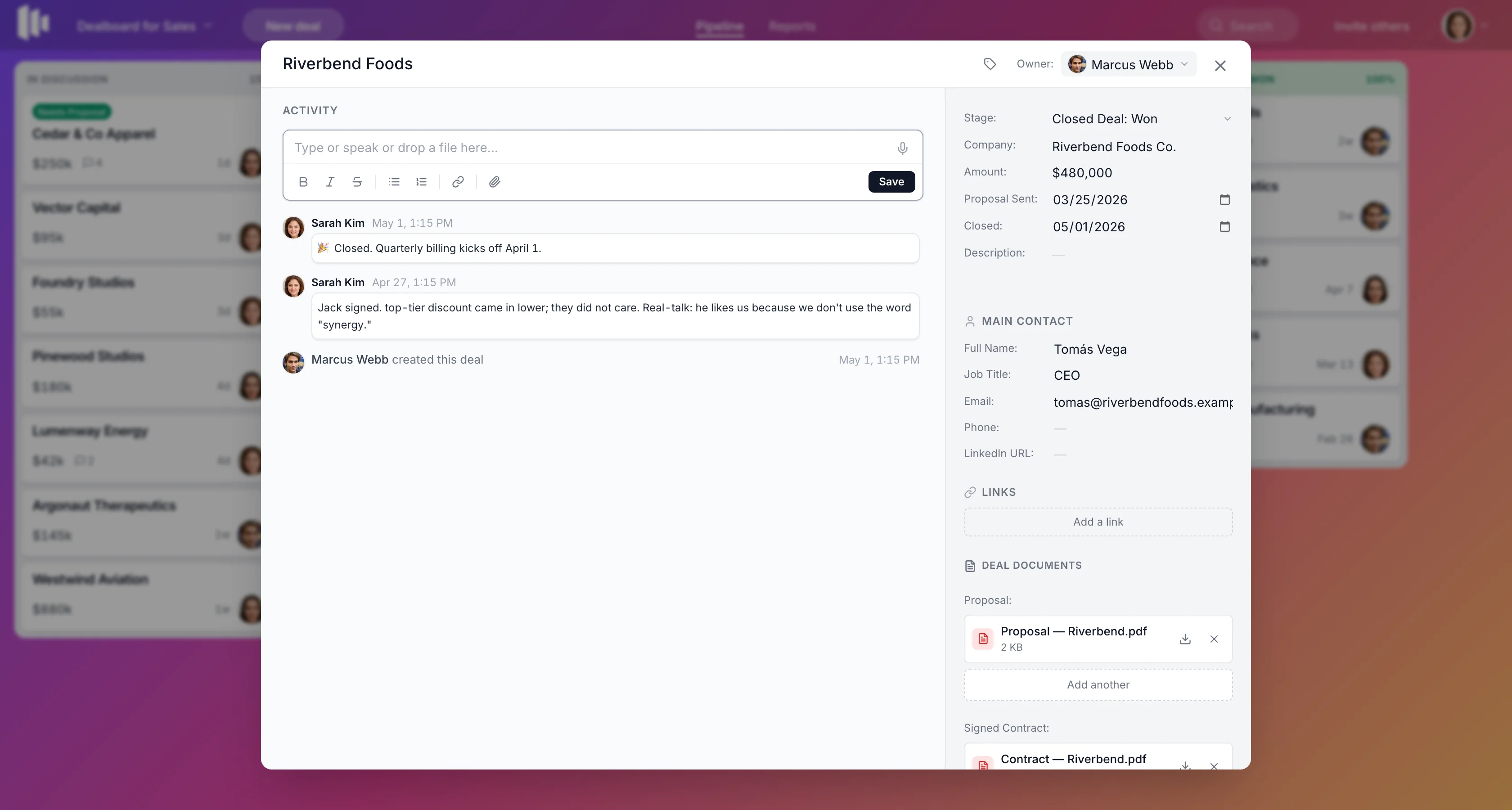 A closed-Won deal screen with proposal and signed contract PDFs attached
