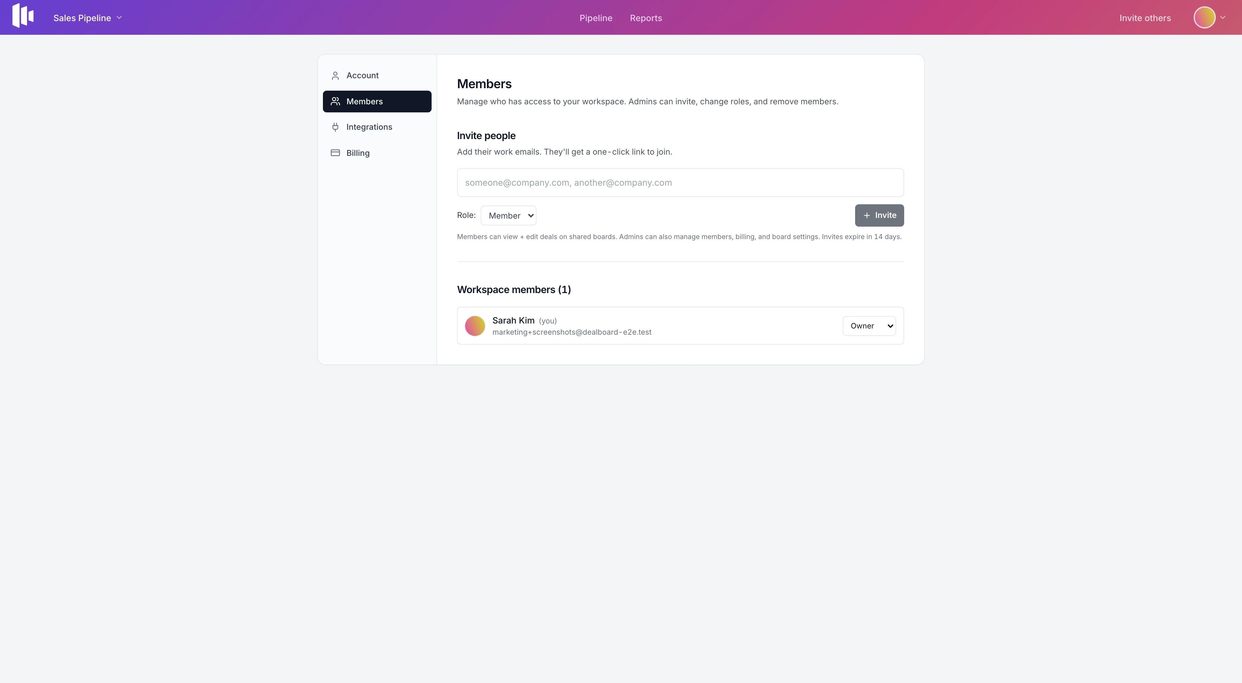 Members settings page